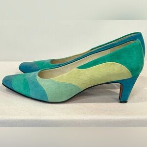 Delman VTG Multicolor Soft Suede Heels, pointy toe, blues&greens, EUC